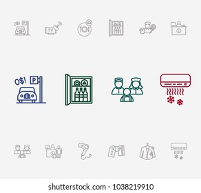 Service icon set and dry cleaning with satellite tv, hair dryer and hotel staff. Information desk related service icon vector items for web UI logo design.