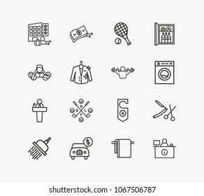 Service Icon Set And Dry Cleaning With Fitness Center, Shower And Payment. Auto Sale Related Service Icon Vector For Web UI Logo Design.