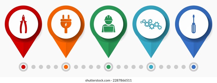 Conjunto de iconos de servicio, diseño plano iconos de puntero diversos como alicates, enchufe, ingeniero, engranajes y destornillador para diseño web y aplicaciones móviles, plantilla de vector infográfico en eps 10