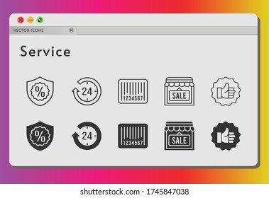 service icon set. included 24-hours, shop, like, warranty, barcode icons on white background. linear, filled styles.