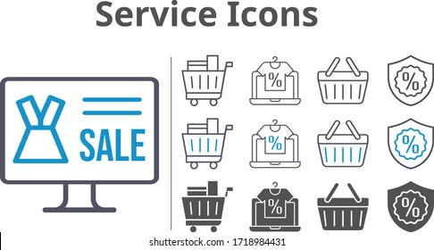 service icon set included online shop, shopping cart, warranty, shopping-basket, shopping basket icons