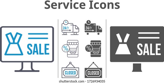 service icon set included online shop, closed, delivery truck icons