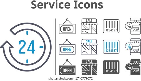 service icon set included online shop, 24-hours, shop, barcode, open icons