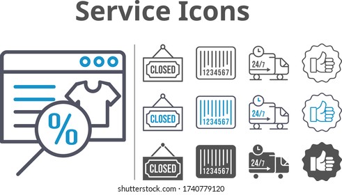 service icon set included online shop, like, closed, delivery truck, barcode icons