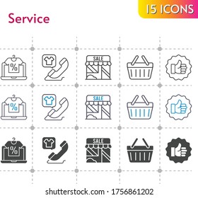 service icon set. included online shop, shop, like, phone call, shopping-basket, shopping basket icons on white background. linear, bicolor, filled styles.