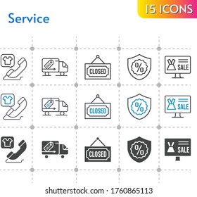 service icon set. included online shop, phone call, closed, warranty, delivery truck icons on white background. linear, bicolor, filled styles.
