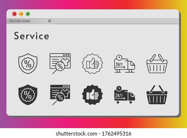 service icon set. included online shop, like, warranty, shopping-basket, delivery truck, shopping basket icons on white background. linear, filled styles.