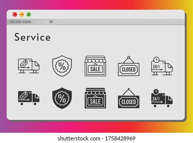 service icon set. included shop, warranty, closed, delivery truck icons on white background. linear, filled styles.