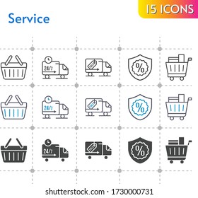 service icon set. included shopping cart, warranty, shopping-basket, delivery truck, shopping basket icons on white background. linear, bicolor, filled styles.