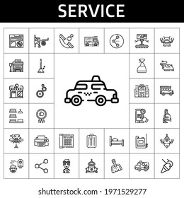 service icon set. line icon style. service related icons such as bus stop, bed, bus, online shopping, truck, vacuum cleaner, dustpan, trolley, robot, engine, laundry, window cleaner