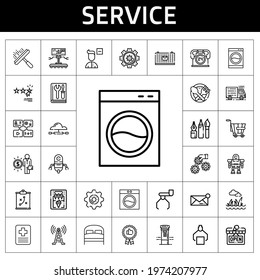 Service Icon Set. Line Icon Style. Service Related Icons Such As Washing Machine, Bed, Truck, Rating, Salary, Manual, Tools, Trolley, Robot, Window Cleaner, Hospital, Cargo