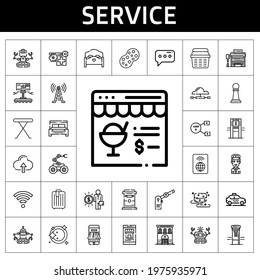 service icon set. line icon style. service related icons such as parking, bed, bus stop, payment method, sponge, wifi, signal tower, iron table, pilot, real estate, taxi