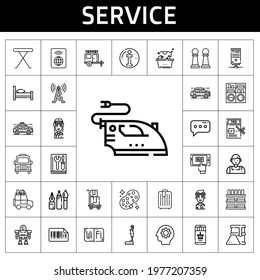 service icon set. line icon style. service related icons such as bed, washing machine, sponge, server, online shopping, fuel, manual, tools, trolley, robot, car, laundry