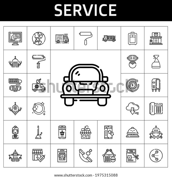 service icon set. line\
icon style. service related icons such as server, online shopping,\
shop, truck, shopping basket, trolley, robot, car, startup, post\
office, phone call