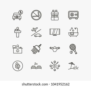 Service icon set and reception with golf cource, room safe and digital tv. Bodybuilding related service icon vector items for web UI logo design.