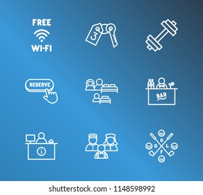 Service icon set and reception with online service, golf cource and room key. Hotel key related service icon vector for web UI logo design.