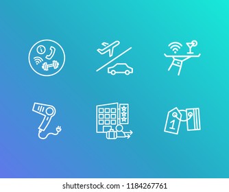 Service icon set and room card with hair dryer, check out and airport transfer. Hotel service related service icon vector for web UI logo design.