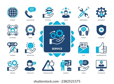 Service icon set. Support, Online Help, Maintenance, Advice, Consultation, Expert, Brand, Guarantee. Duotone color solid icons