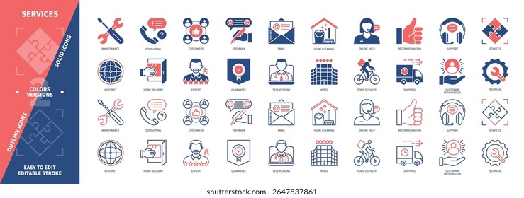 Service icon set. Support, Online Help, Maintenance, Shipping, Consulting, Expert, Home Delivery, Guarantee. Duotone color solid and editable outline icons