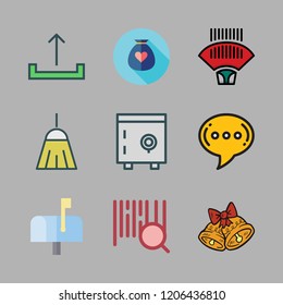service icon set. vector set about chat, bell, broom and safebox icons set.