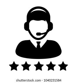 Service Icon Vector Customer Star Ratings for Male Online Support Person Profile Avatar with Headset in Glyph Pictogram illustration