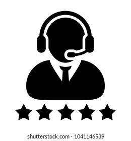 Service Icon Vector Customer Star Ratings for Male Online Support Person Profile Avatar with Headset in Glyph Pictogram illustration