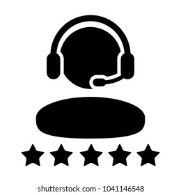 Service Icon Vector Customer Star Ratings for Male Online Support Person Profile Avatar with Headset in Glyph Pictogram illustration