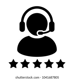 Service Icon Vector Customer Star Ratings for Male Online Support Person Profile Avatar with Headset in Glyph Pictogram illustration