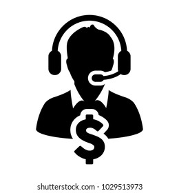 Service Icon Vector Dollar Sign for Banking and Financial Online Support Male Person Profile Avatar for Customer Helpline with Headset in Glyph Pictogram Symbol illustration