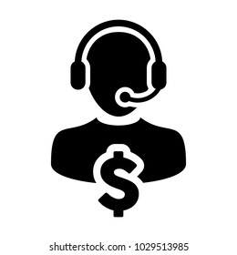 Service Icon Vector Dollar Sign for Banking and Financial Online Support Male Person Profile Avatar for Customer Helpline with Headset in Glyph Pictogram Symbol illustration