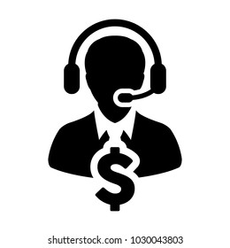 Service Icon Vector Dollar Sign for Banking and Financial Online Support Male Person Profile Avatar for Customer Helpline with Headset in Glyph Pictogram Symbol illustration