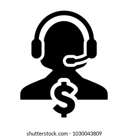 Service Icon Vector Dollar Sign for Banking and Financial Online Support Female Person Profile Avatar for Customer Helpline with Headset in Glyph Pictogram Symbol illustration