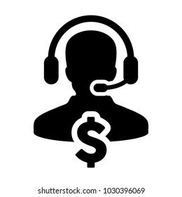 Service Icon Vector Dollar Sign for Banking and Financial Online Support Male Person Profile Avatar for Customer Helpline with Headset in Glyph Pictogram Symbol illustration