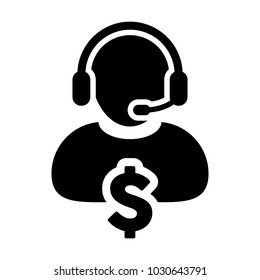 Service Icon Vector Dollar Sign for Banking and Financial Online Support Male Person Profile Avatar for Customer Helpline with Headset in Glyph Pictogram Symbol illustration