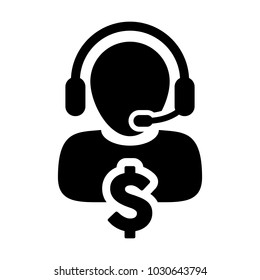 Service Icon Vector Dollar Sign for Banking and Financial Online Support Male Person Profile Avatar for Customer Helpline with Headset in Glyph Pictogram Symbol illustration