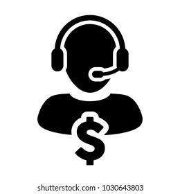 Service Icon Vector Dollar Sign for Banking and Financial Online Support Male Person Profile Avatar for Customer Helpline with Headset in Glyph Pictogram Symbol illustration