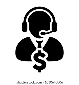 Service Icon Vector Dollar Sign for Banking and Financial Online Support Male Person Profile Avatar for Customer Helpline with Headset in Glyph Pictogram Symbol illustration