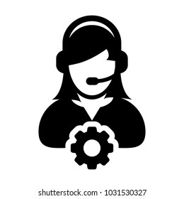 Service Icon Vector Female Operator Person Profile Avatar with Headset and Gear Cog Symbol for Industrial Business Support in Glyph Pictogram illustration
