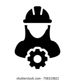 Service Icon Vector Female Person Worker Avatar Profile with Gear Cog Wheel for Engineering Support and with Hard Hat in Glyph Pictogram Symbol illustration