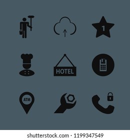service icon. service vector icons set chef, man with paint roller and bucket, wrench gear and atm location