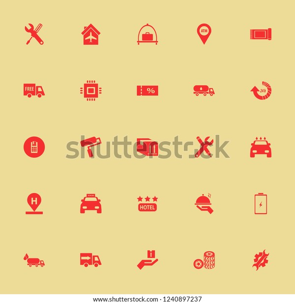 service icon. service vector icons set\
carpet, parcel box, plane hangar and hotel\
location