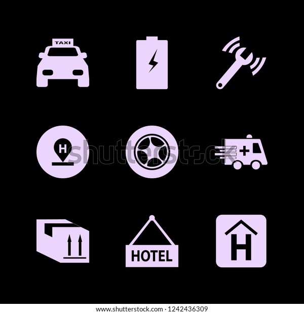 service icon. service vector icons set battery,\
parcel box, hotel and car\
wheel