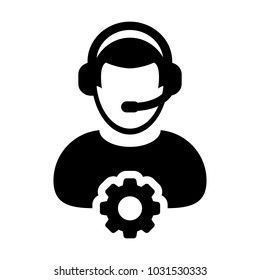 Service Icon Vector Male Operator Person Profile Avatar with Headset and Gear Cog Symbol for Industrial Business Support in Glyph Pictogram illustration