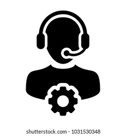 Service Icon Vector Male Operator Person Profile Avatar with Headset and Gear Cog Symbol for Industrial Business Support in Glyph Pictogram illustration