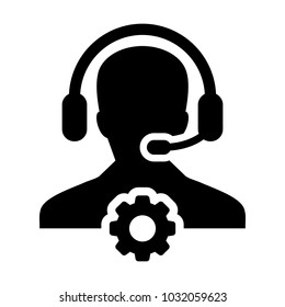 Service Icon Vector Male Operator Person Profile Avatar with Headset and Gear Cog Symbol for Industrial Business Support in Glyph Pictogram illustration