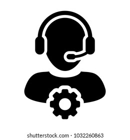 Service Icon Vector Male Operator Person Profile Avatar with Headset and Gear Cog Symbol for Industrial Business Support in Glyph Pictogram illustration