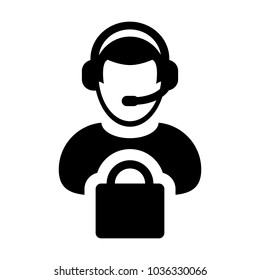 Service Icon Vector Male Operator Person Profile Avatar with Headset and Shopping Bag Symbol for Online eCommerce Support in Glyph Pictogram illustration