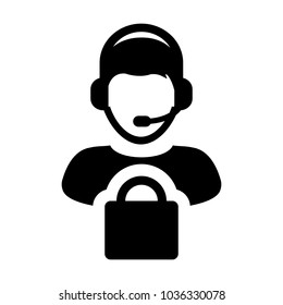 Service Icon Vector Male Operator Person Profile Avatar with Headset and Shopping Bag Symbol for Online eCommerce Support in Glyph Pictogram illustration