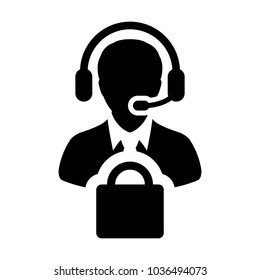 Service Icon Vector Male Operator Person Profile Avatar with Headset and Shopping Bag Symbol for Online eCommerce Support in Glyph Pictogram illustration
