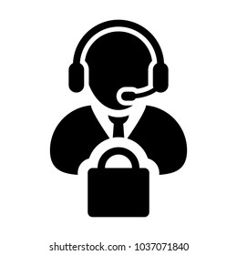 Service Icon Vector Male Operator Person Profile Avatar with Headset and Shopping Bag Symbol for Online eCommerce Support in Glyph Pictogram illustration